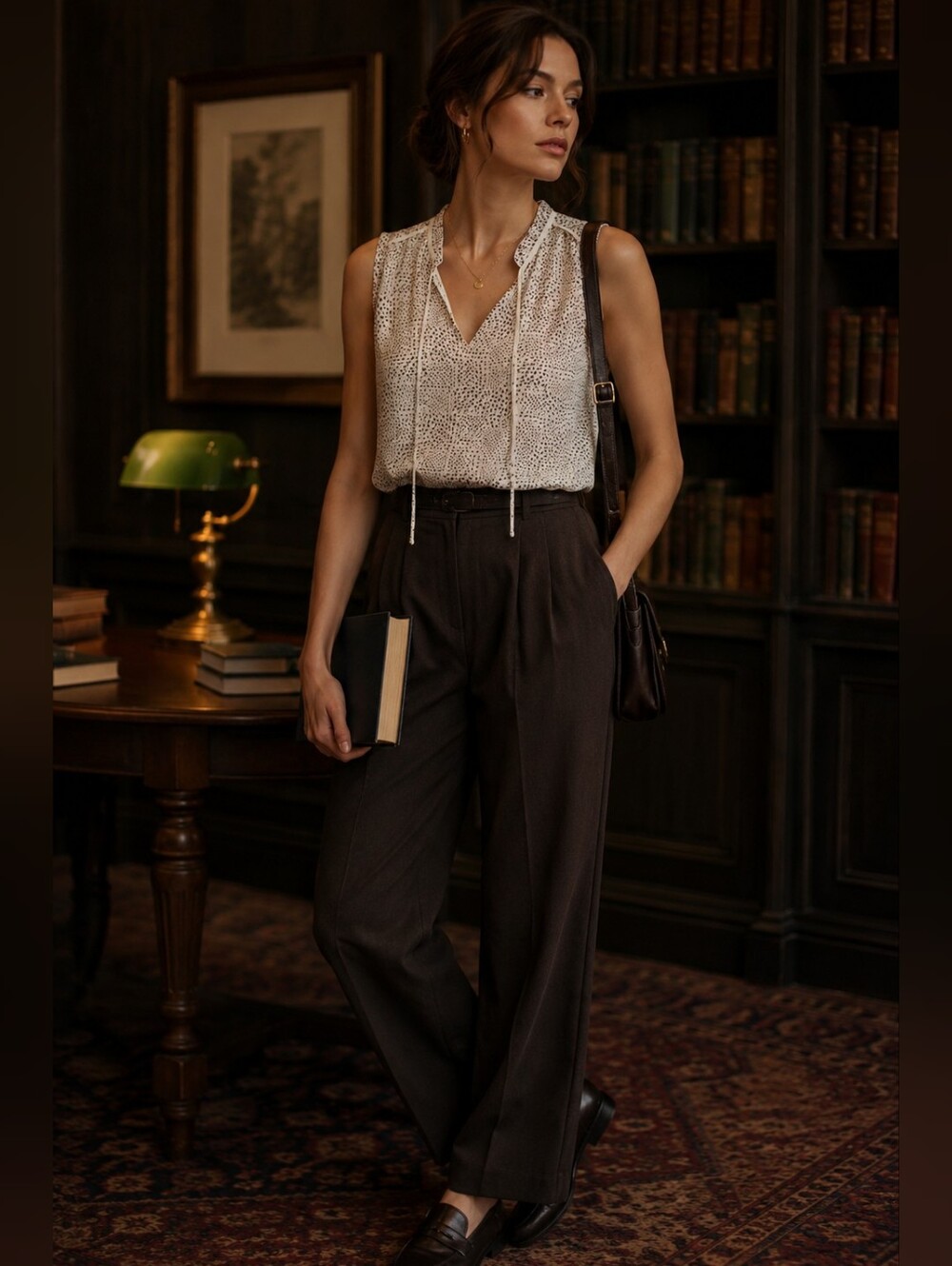 RW&CO. Blush and Black Dotted Sleeveless Tie-Neck Camisole